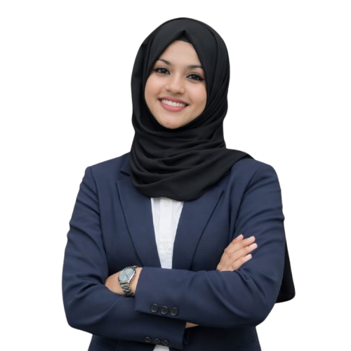 Confident businesswoman in hijab smiling with arms crossed.